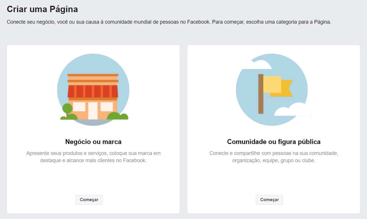 Print que mostra como criar a Fanpage do Facebool
